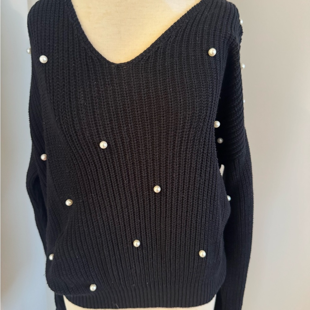 Jessica Simpson Black V-Neck Sweater with Pearl Details